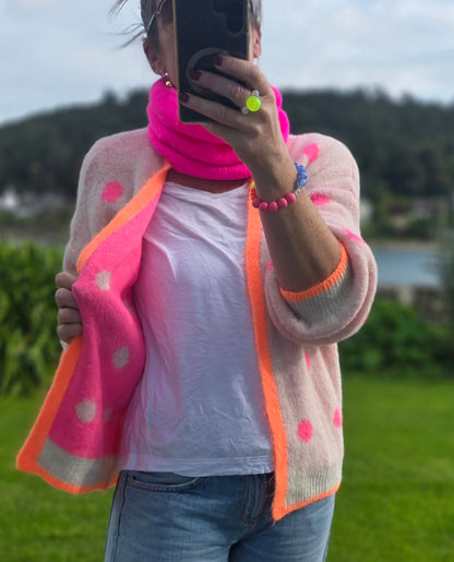 Light Beige & Neon Pink Polka Dot Open Cardigan with Neon Orange Trim