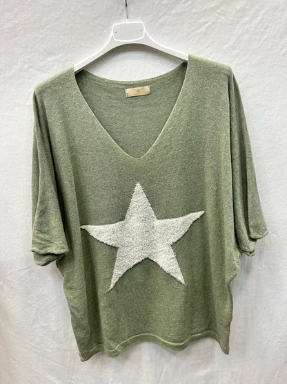 Fine knit top with star embroidery: Olive Green with Ecru Star