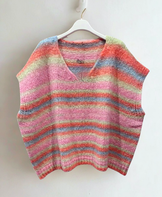 Striped, wool mix, sleeveless v neck jumper.