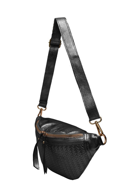 Braided Leather Crossbody Bag. Black