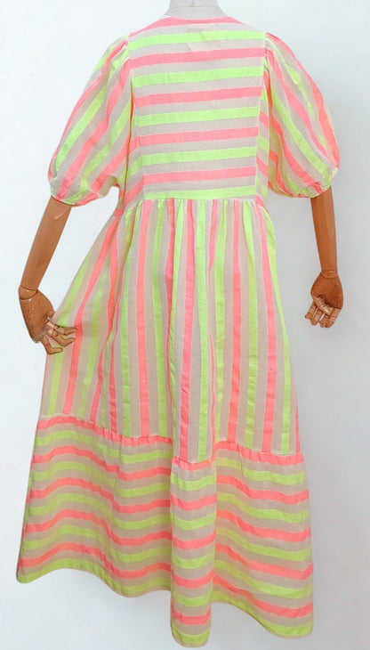 Neon Stripe Puff Sleeve Maxi Dress