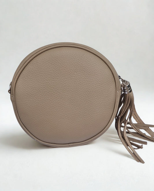 Round Taupe Leather Crossbody Bag- Grained Genuine Leather