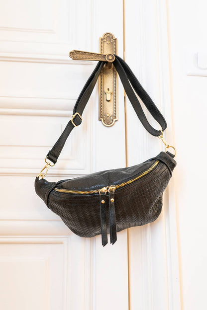 Braided Leather Crossbody Bag. Black