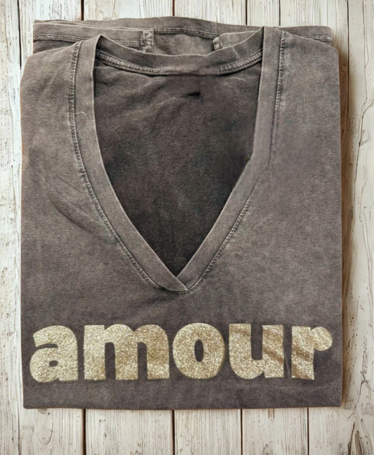 Ladies, v neck cotton Black wash and Gold Amour t shirt