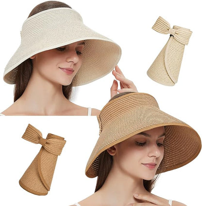 Rollable Ladies Wide Brim Straw Sun Women's Adjustable Visor with Bowknot