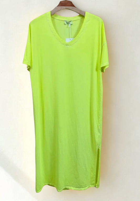 Neon Yellow V Neck Dress. Pure cotton. Midi length