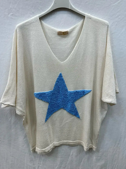 Fine knit top with star embroidery: Ecru/sky