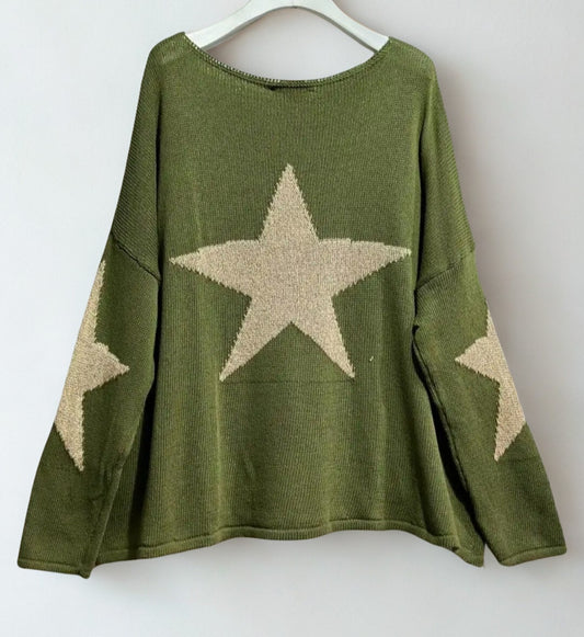 Olive Green & Gold Star Sweater