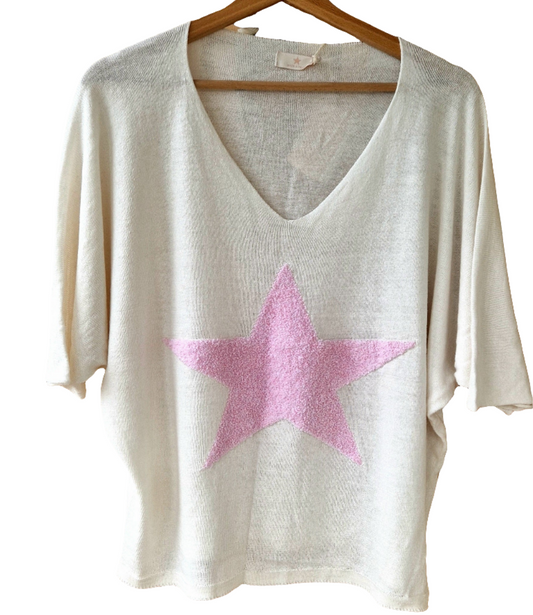 Fine knit top with star embroidery: Ecru/pink