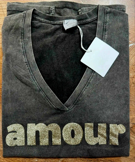 Ladies, v neck cotton Black wash and Gold Amour t shirt.
