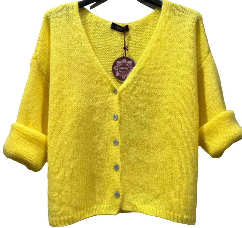 Yellow, Long Sleeve, V Neck, Mohair Mix Cardigan with buttons.