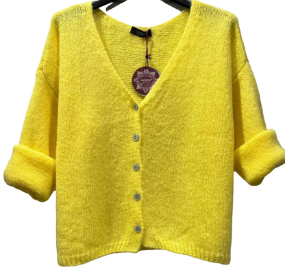 Yellow, Long Sleeve, V Neck, Mohair Mix Cardigan with buttons.