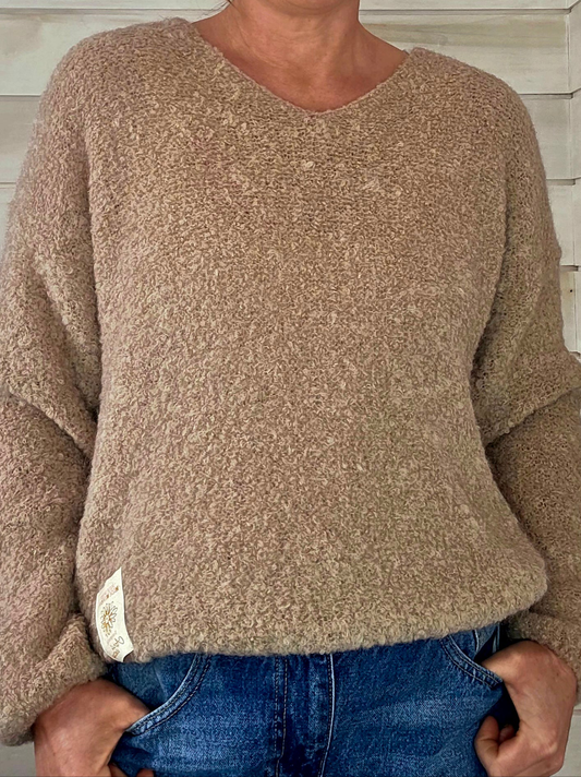 Oatmeal Beige Kid Mohair & Wool Fluffy V Neck Jumper