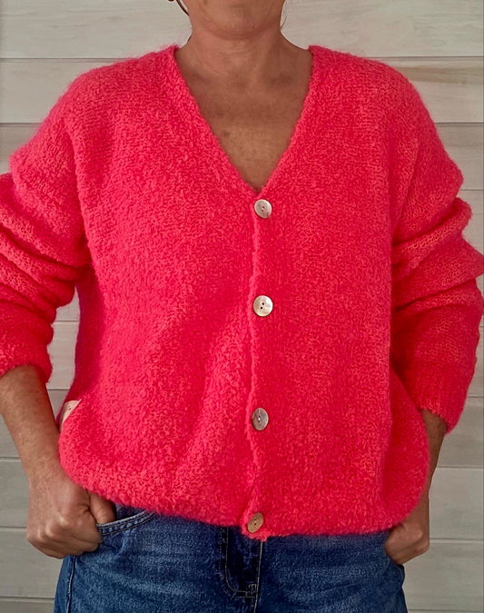 Neon Coral Kid Mohair & Wool V Neck Fluffy cardigan