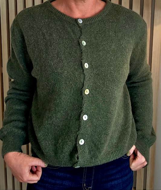 Khaki Alpaca Blend Round Neck Cardigan
