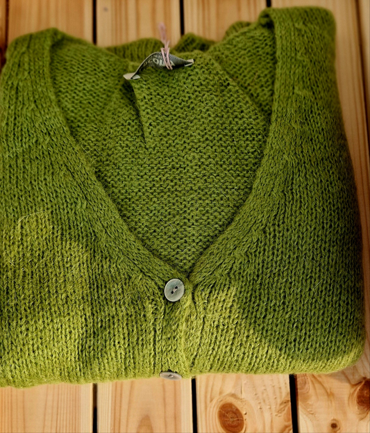 Olive Green Mohair Mix Cardigan. V Neck