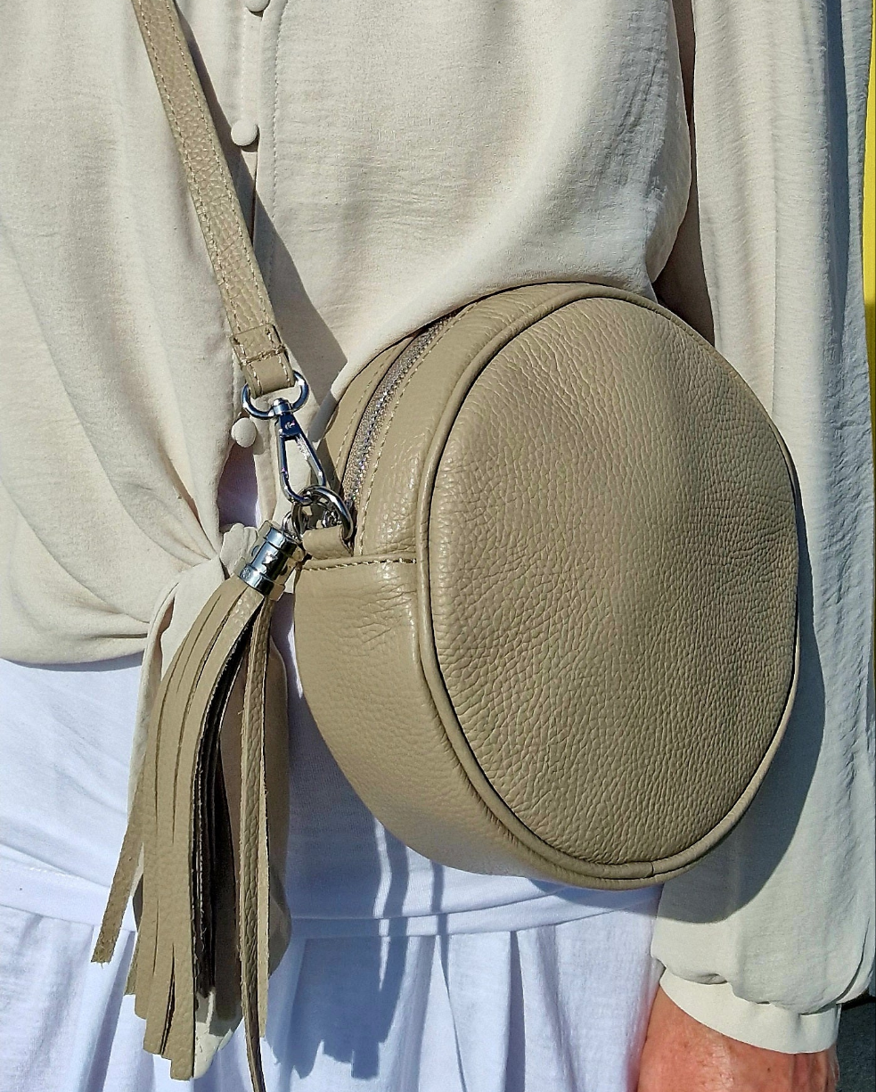 Round Taupe Leather Crossbody Bag- Grained Genuine Leather