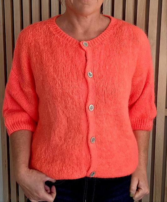 Neon Coral Superkid Mohair & Wool blend. 3/4 sleeve, cardigan