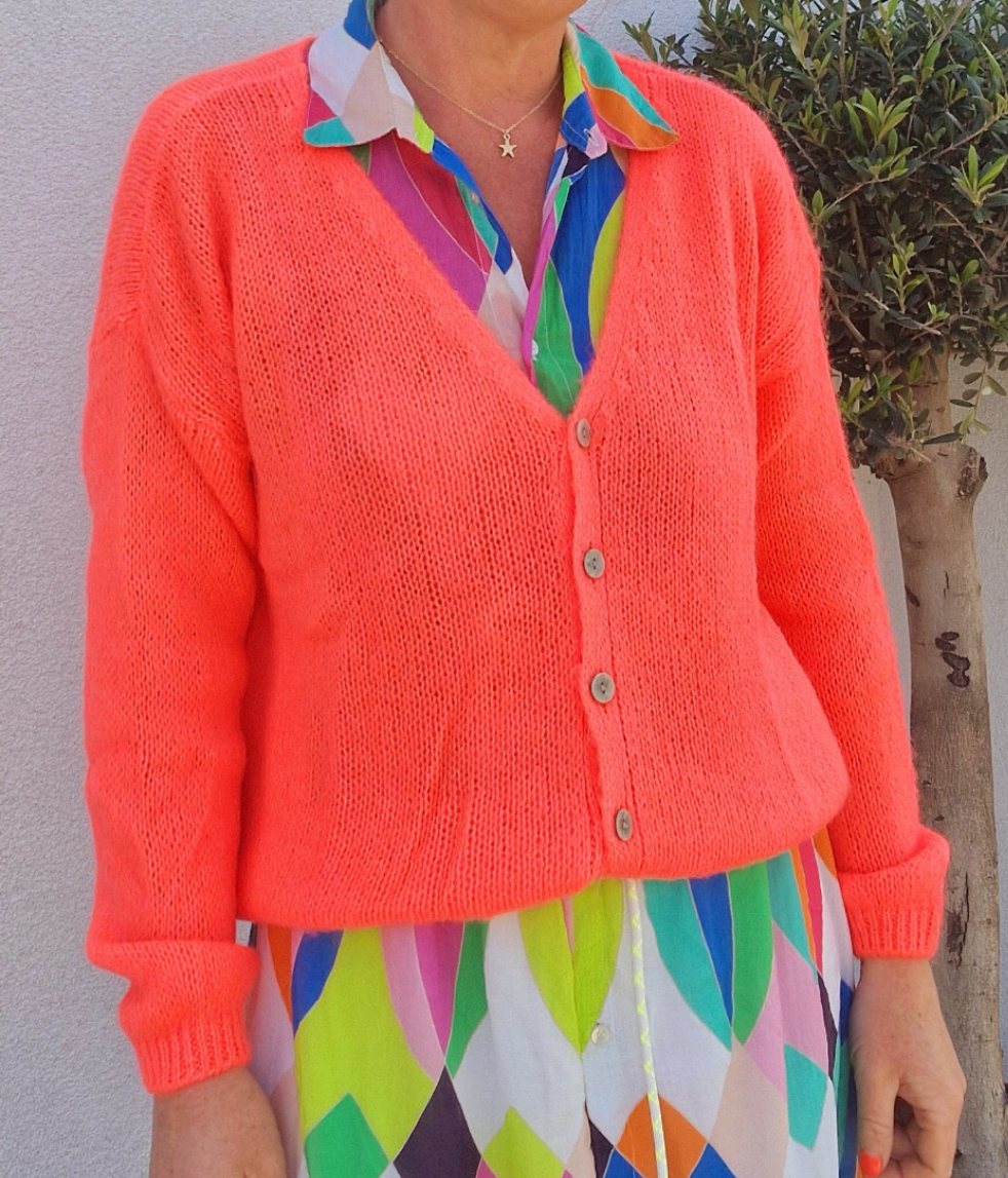 * Pre Sale due Aug 25th* Neon Coral Cardigan in 30pc mohair. Long sleeve.