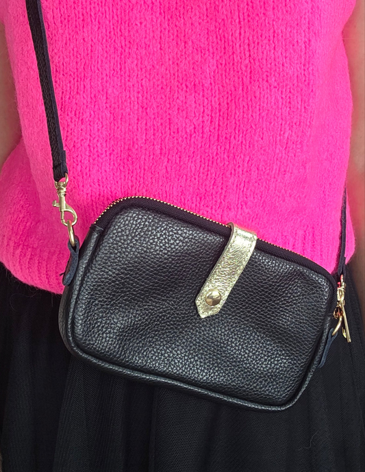 Italian Leather Black & Gold Crossbody bag