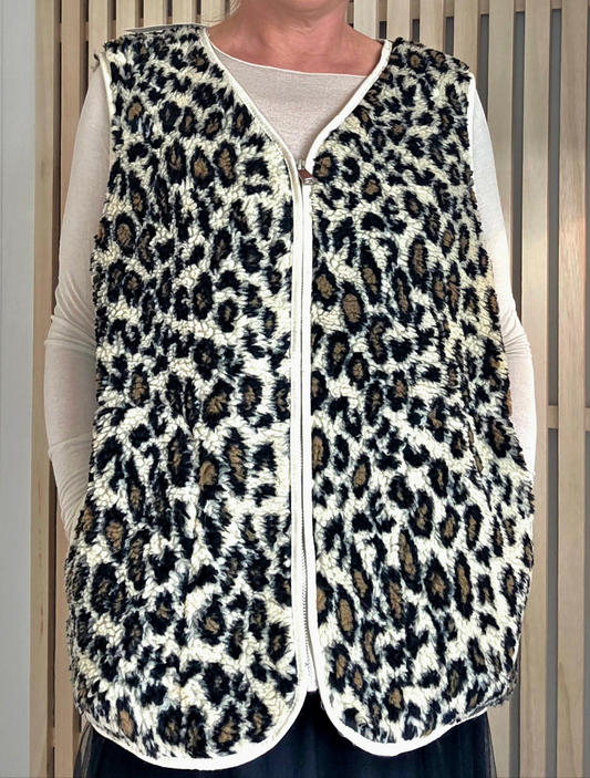 Animal Print Long Gilet with zip & pockets