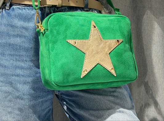 Green Suede, Crossbody Bag with Gold Leather Star motif
