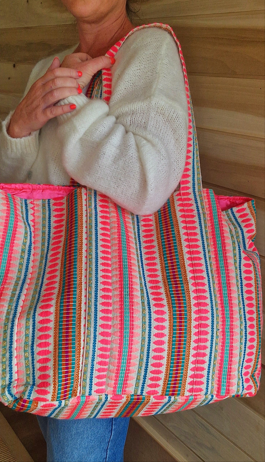 Indian Weave Fushia Cotton Tote in Neon Pinks Pattern