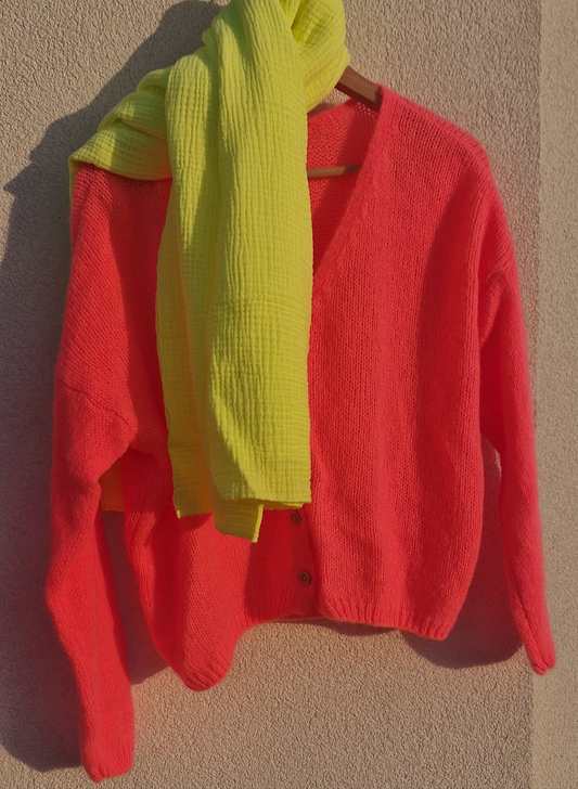 * PRE ORDER. DUE APRIL 21st* Neon Coral Cardigan in 30pc mohair.
