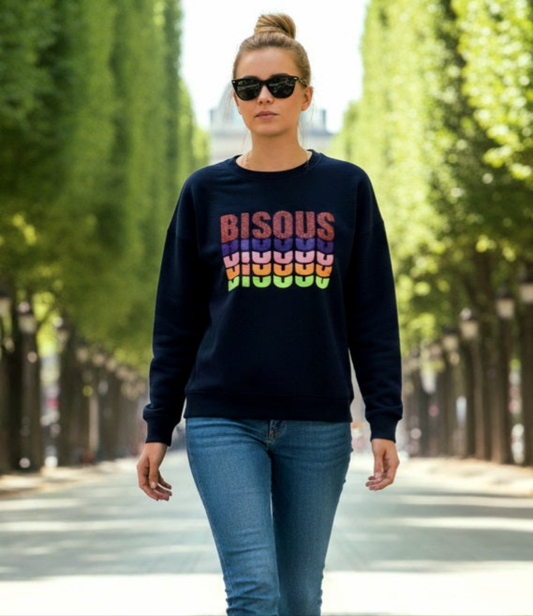 Bisous Sweat in Navy Blue with Multicolour Bisous Font