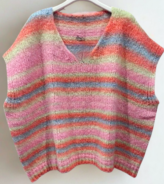 Striped, wool mix, sleeveless v neck jumper.