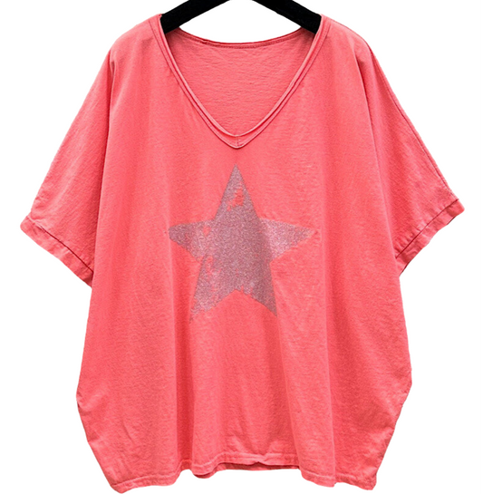 Star Fluid Cotton T Shirt in Coral