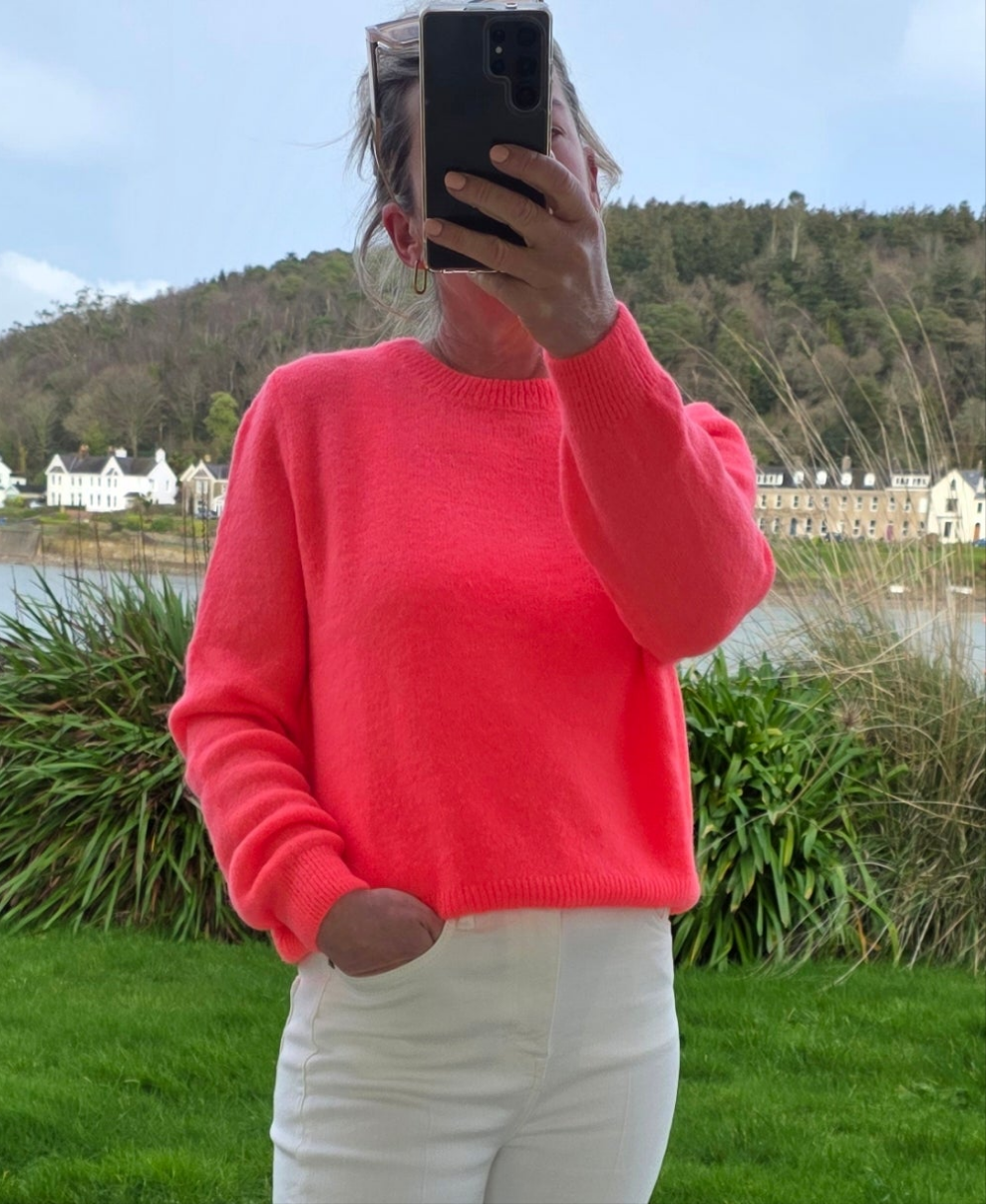 Luxury Knit| Neon Coral Superfine Alpaca & Wool Round Neck Sweater
