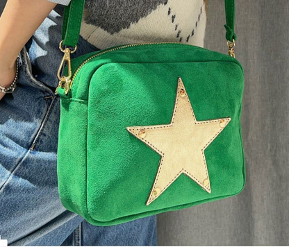 Green Suede, Crossbody Bag with Gold Leather Star motif