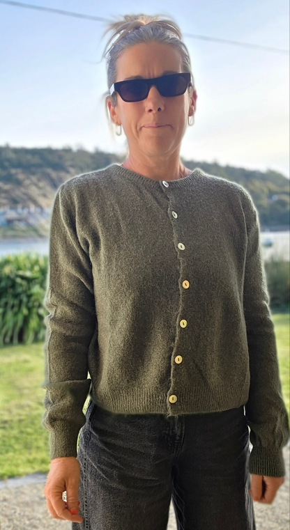 Khaki Alpaca Blend Round Neck Cardigan