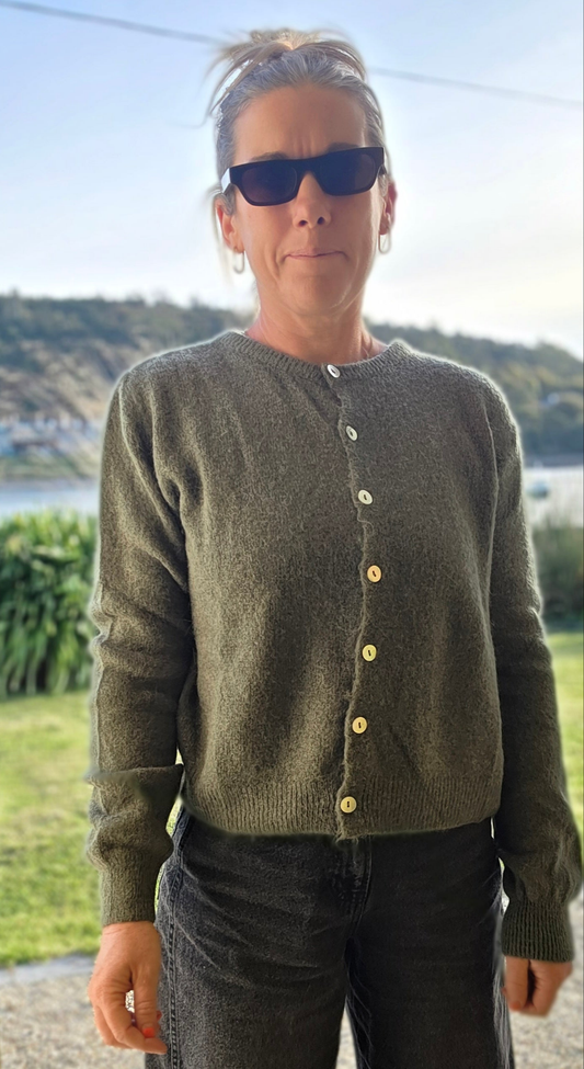 Khaki Alpaca Blend Round Neck Cardigan