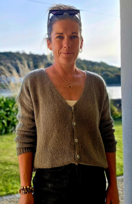 Khaki Green Mohair Mix V Neck Long Sleeve Cardigan