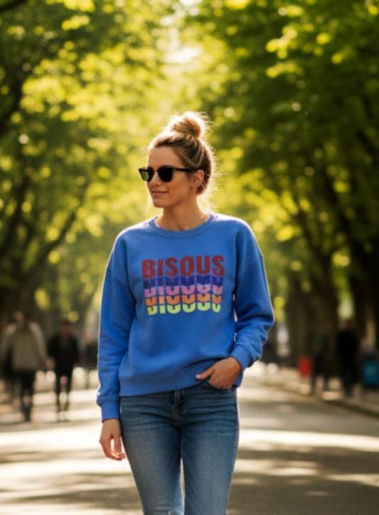 Bisous Cotton Mix Sweat in Blue with Multi Colour Bisous Font