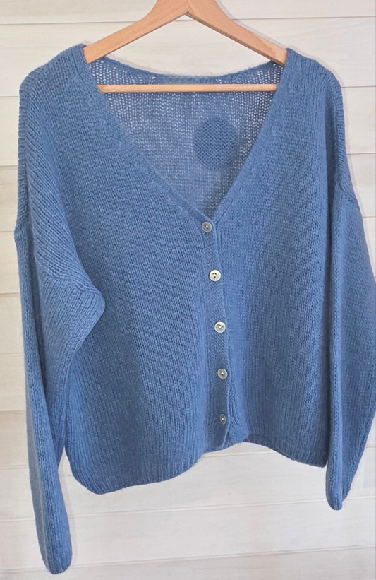 Petrol Blue Mohair Mix Long Sleeve Cardigan. V Neck