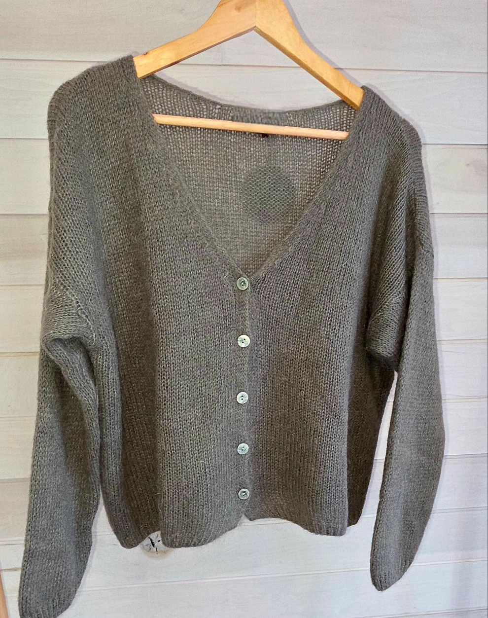 Khaki Green Mohair Mix V Neck Long Sleeve Cardigan