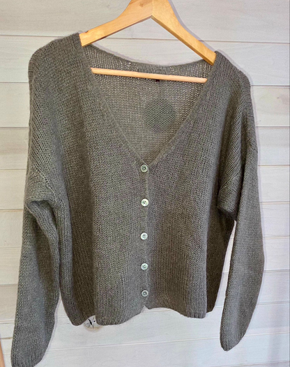 Khaki Green Mohair Mix V Neck Long Sleeve Cardigan