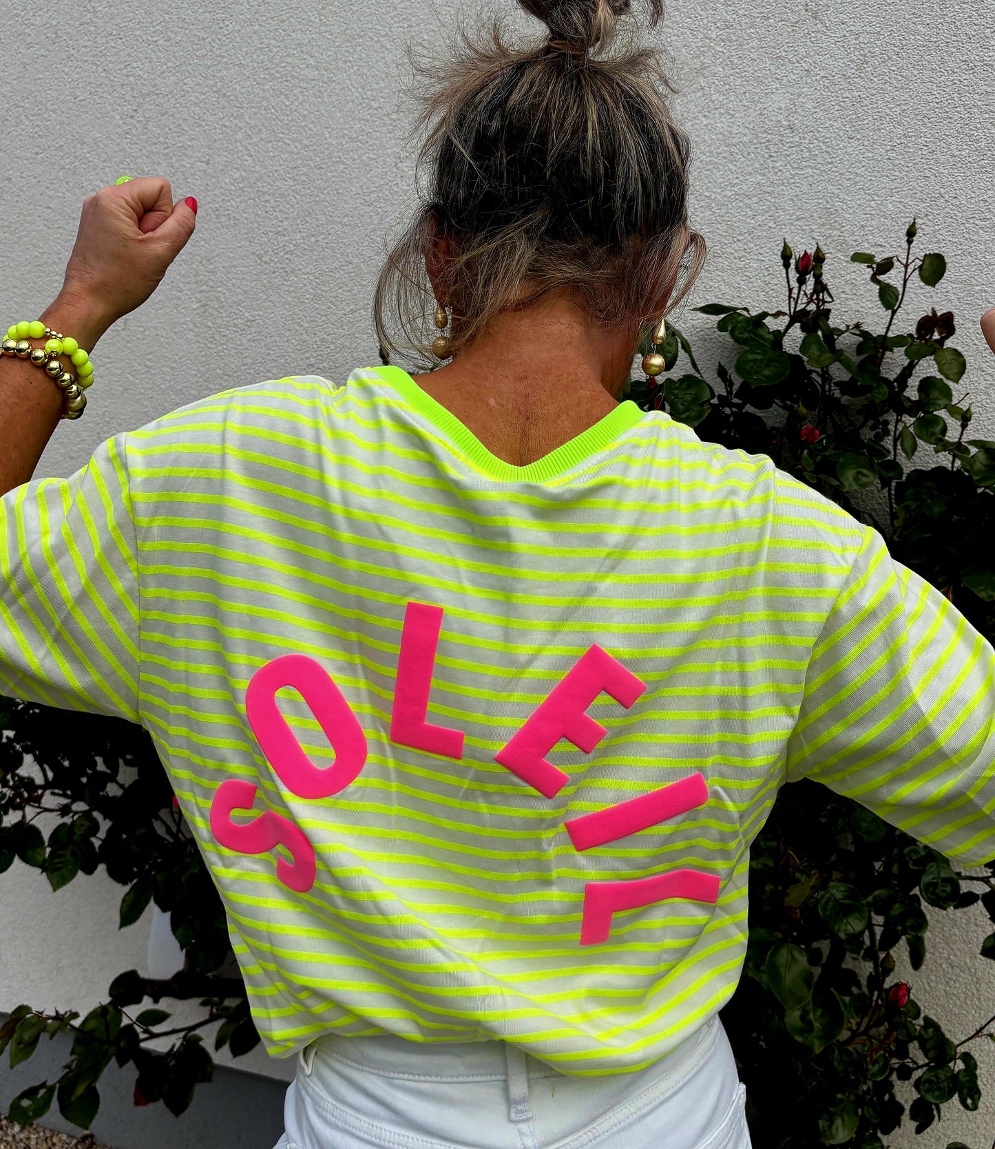 Neon Yellow Striped SOLEIL CLUB tee with Neon Pink Graphics
