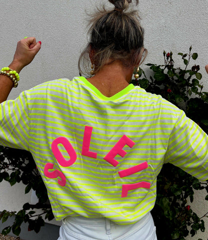 Neon Yellow Striped SOLEIL CLUB tee with Neon Pink Graphics