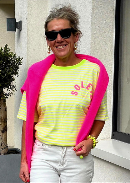 Neon Yellow Striped SOLEIL CLUB tee with Neon Pink Graphics