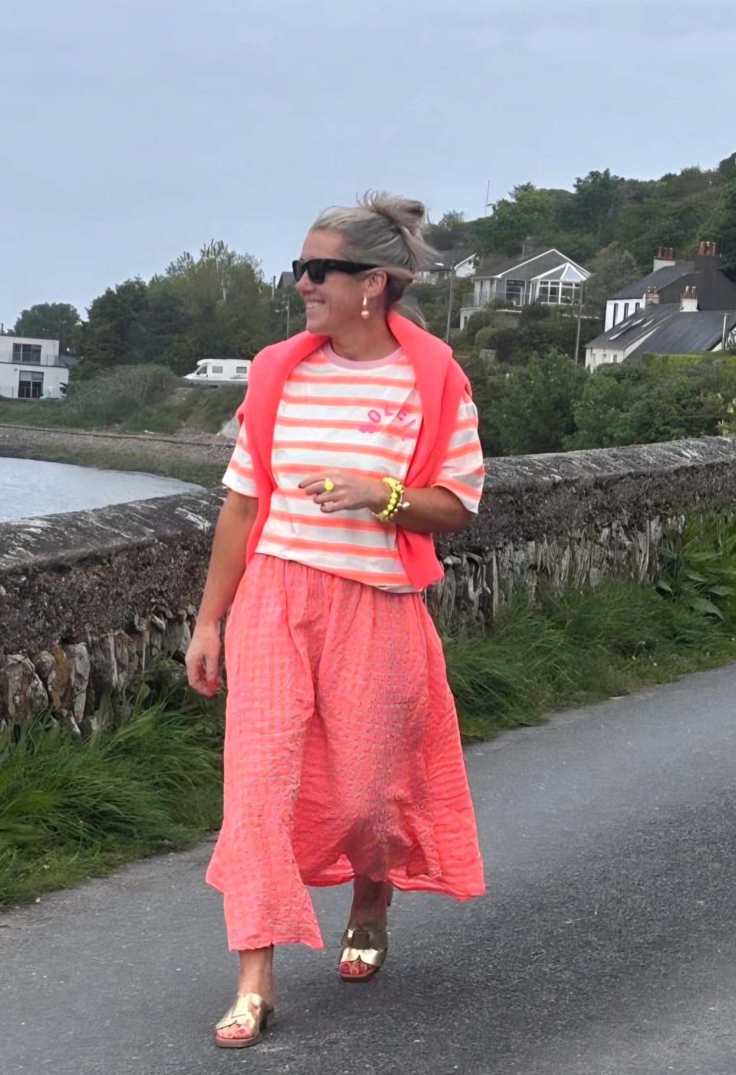 Vibrant Coral Seeksucker 100% cotton Midi Skirt