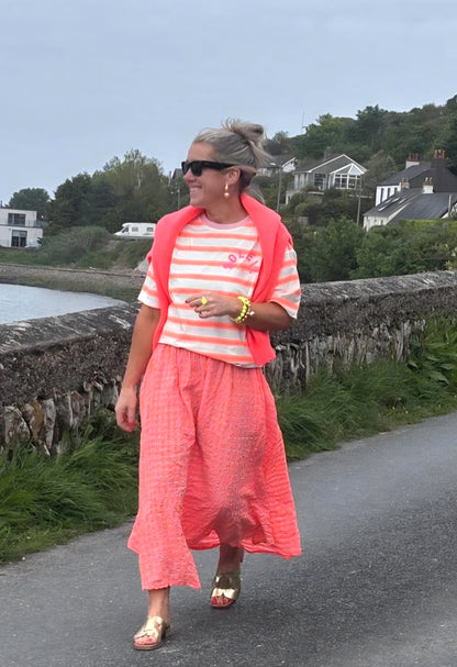 Vibrant Coral Seeksucker 100% cotton Midi Skirt
