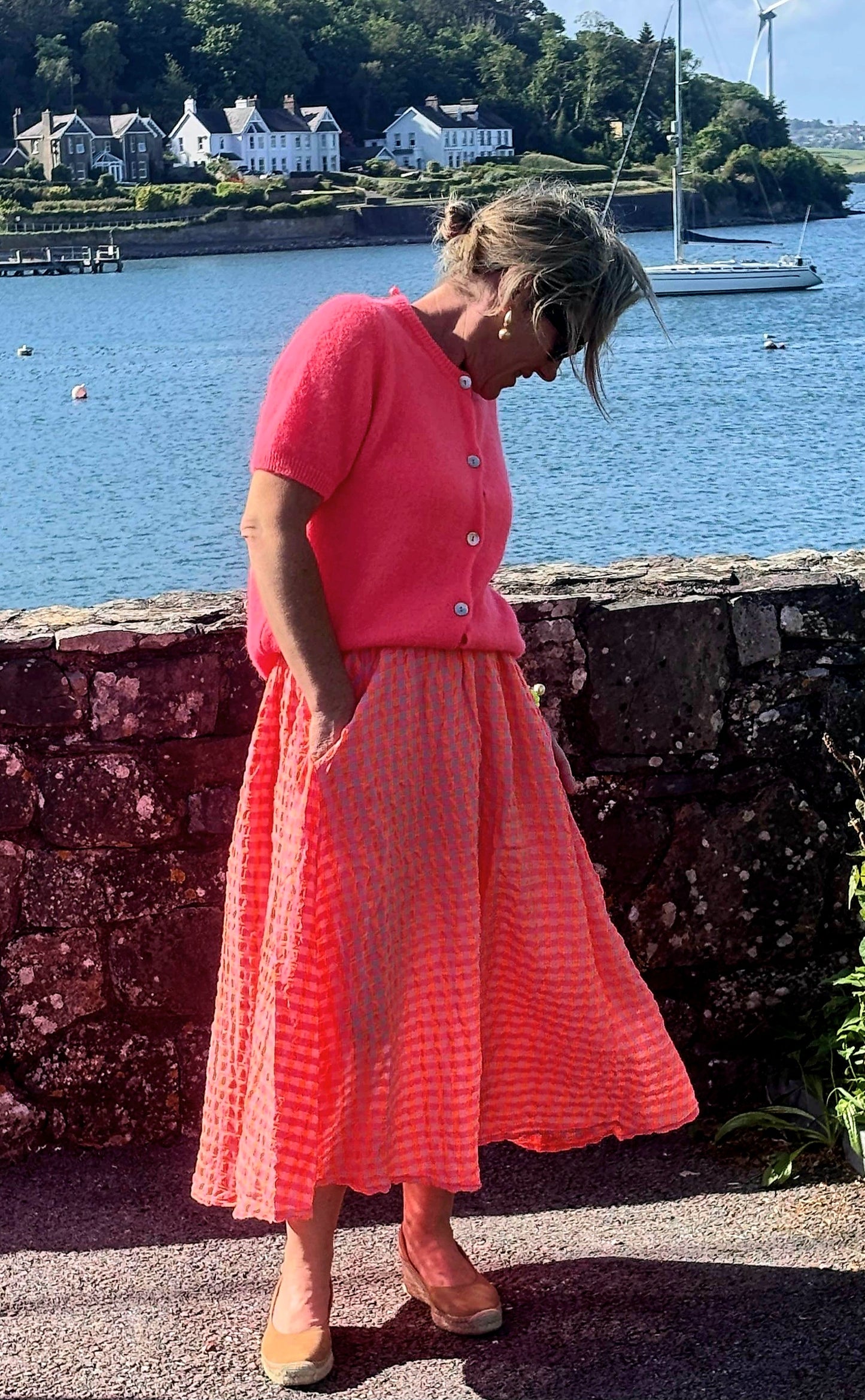 Vibrant Coral Seeksucker 100% cotton Midi Skirt