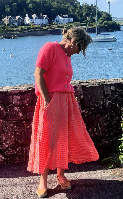 Vibrant Coral Seeksucker 100% cotton Midi Skirt