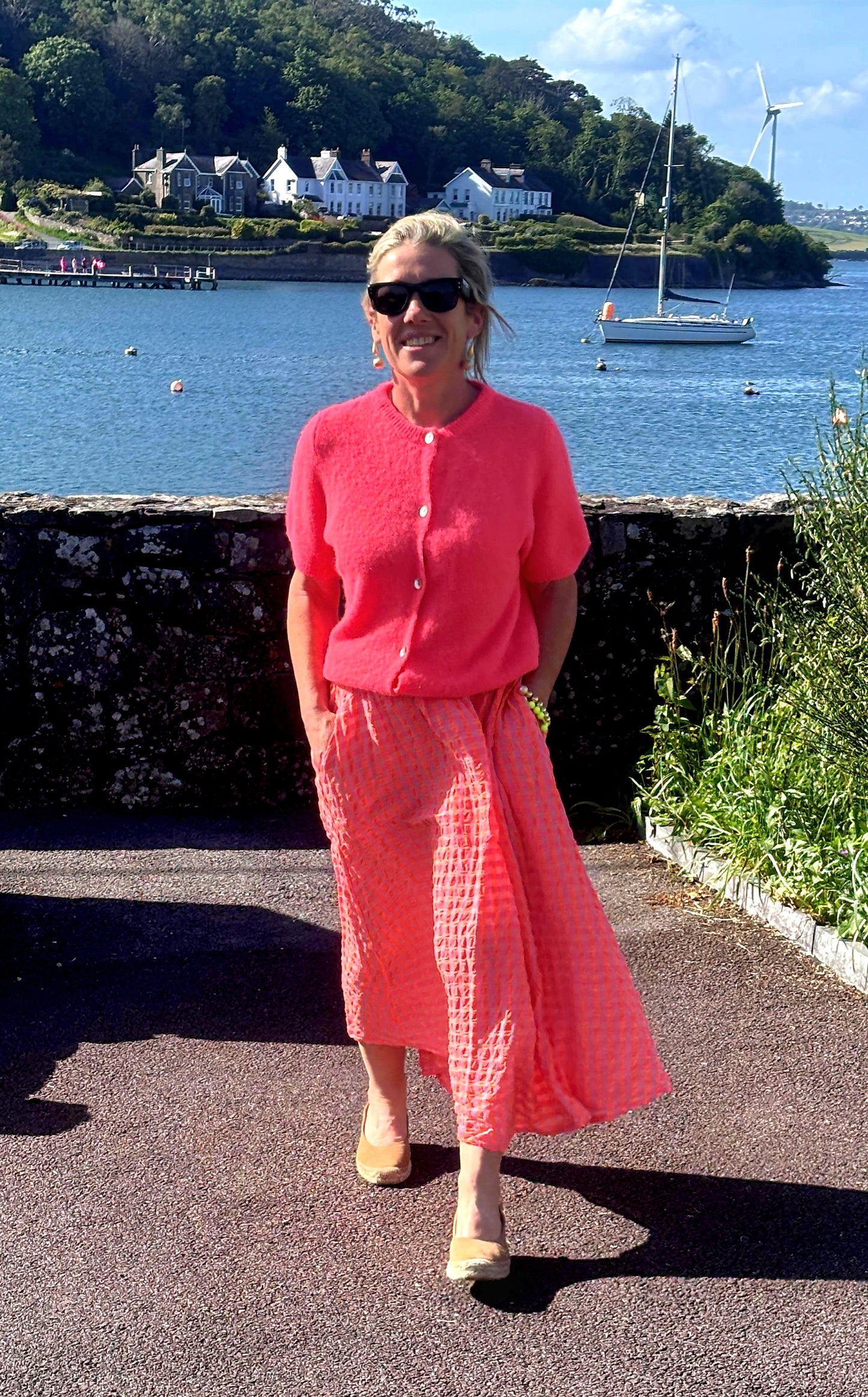 Vibrant Coral Seeksucker 100% cotton Midi Skirt