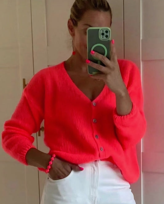 Neon Coral Cardigan in 30pc mohair. Long sleeve knit.(Ships May 5th)