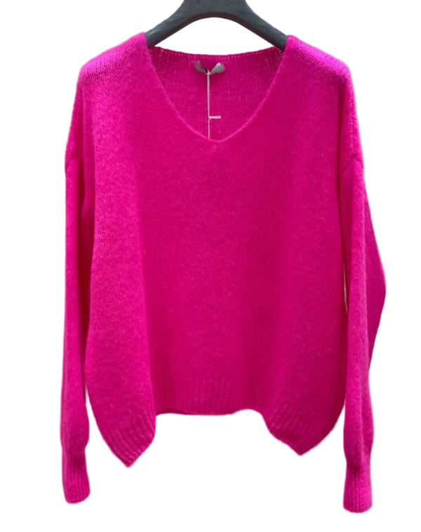 Neon Pink Kid Mohair & Wool V Neck Sweater ( Restocking. Select notification)